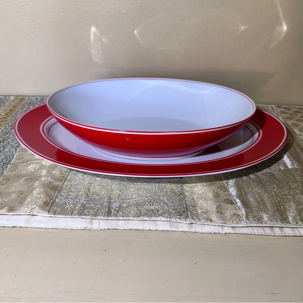 Fitz & Floyd Red Rondelet Rouge White Large Oval Serving Dish Platter & Bowl SET